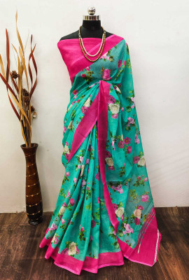 MAANVIT Woven Kanjivaram Cotton Linen, Linen Saree(Light Blue)