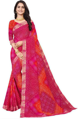 Grubstaker Printed Bandhani Georgette Saree(Pink)