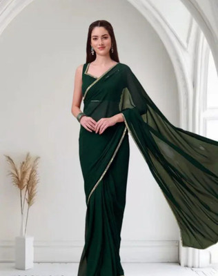 BK COLLECTION Solid/Plain Bollywood Georgette Saree(Green)