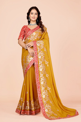 Aksh Fashion Embroidered Bollywood Georgette Saree(Yellow)
