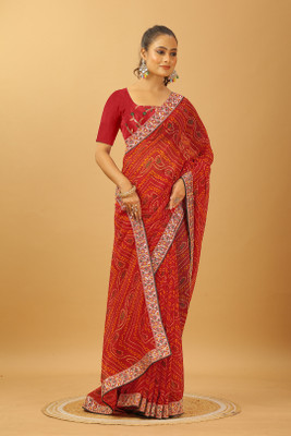 DURGA CRETION Digital Print Bandhani Georgette Saree(Red)