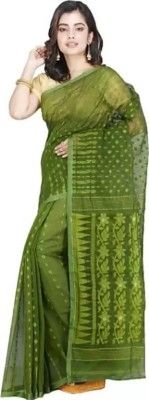 OWALID Self Design Jamdani Cotton Silk Saree(Dark Green)