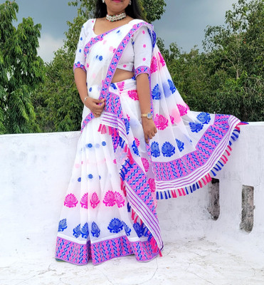NijEnterprise Printed Mekhela Chador Cotton Blend Saree(Pink, Blue)
