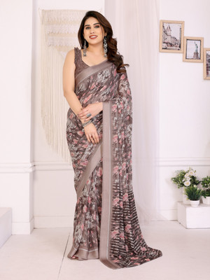 Divastri Floral Print Daily Wear Satin Saree(Beige)