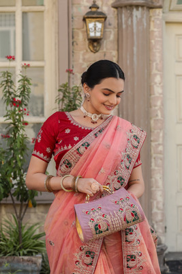 Krishna R fashion Embroidered Baluchari Organza Saree(Pink)