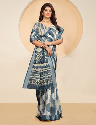 Gajal Printed Kanjivaram Pure Cotton, Cotton Linen Saree(Light Blue, Cream)