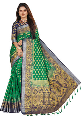ANGOORI TEXTILES Woven Banarasi Cotton Silk Saree(Green)