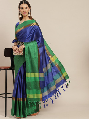 Divastri Color Block Bandhani Cotton Silk Saree(Dark Blue, Green)