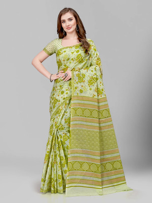 RATAN Floral Print Daily Wear Pure Cotton Saree(Light Green)