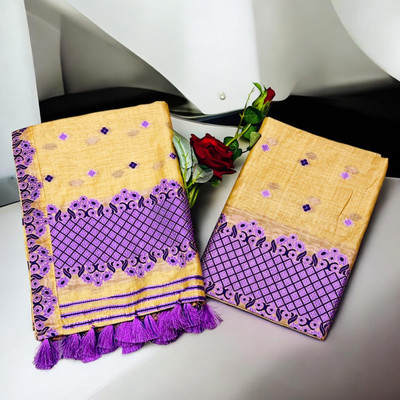 Assam silkmaha Woven Mekhela Chador Cotton Blend Saree(Gold, Purple)