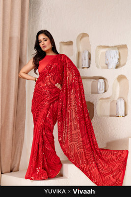 Divastri Embroidered, Embellished Bollywood Net Saree(Red)