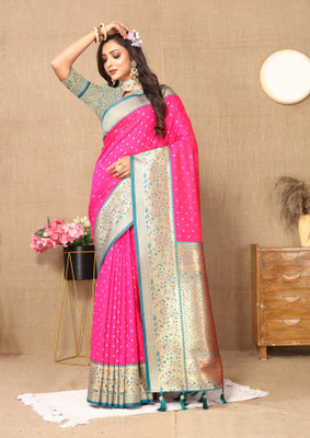 Yogik Creation Printed Banarasi Silk Blend Saree(Pink)