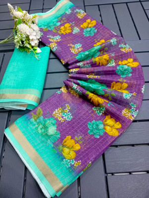 Saaransh Floral Print Kanjivaram Linen, Cotton Silk Saree(Purple)