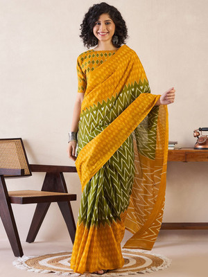 Anouk Rustic Printed Pre Draped Saree Cotton Blend Saree(Light Green)