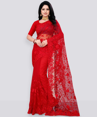 RMV Fashion Embroidered Bollywood Net Saree(Red)