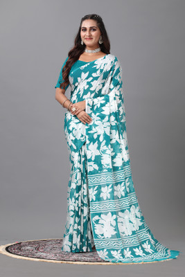 Virendra Textiles Digital Print Handloom Cotton Silk Saree(Blue)