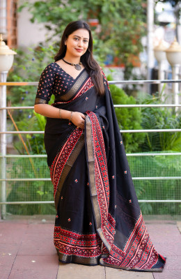 PeachPetals Geometric Print, Printed Ikkat Cotton Blend Saree(Black)