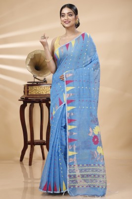 DipDiya Temple Border, Woven Handloom Cotton Blend Saree(Light Blue)