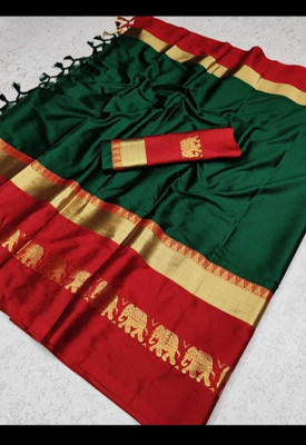 VK UNIQ Printed Banarasi Handloom Cotton Silk Saree(Red, Green)