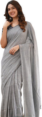 FASHIONIUM Solid/Plain Handloom Cotton Blend Saree(Grey)