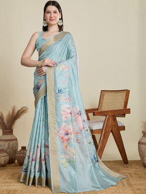 Moda Rapido Printed Daily Wear Silk Blend Saree(Blue)
