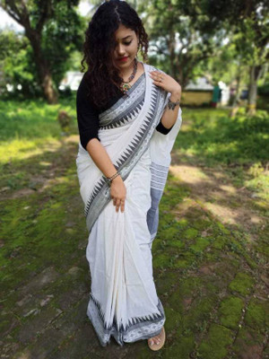 SLAGHA Woven Handloom Cotton Blend Saree(White)