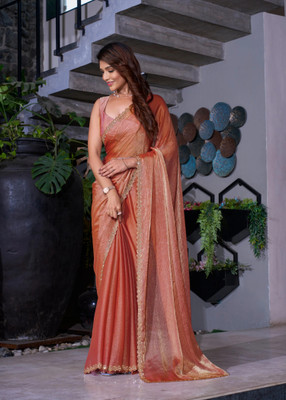 Bhojal Creation Embellished Bollywood Silk Blend, Tussar Silk Saree(Orange)