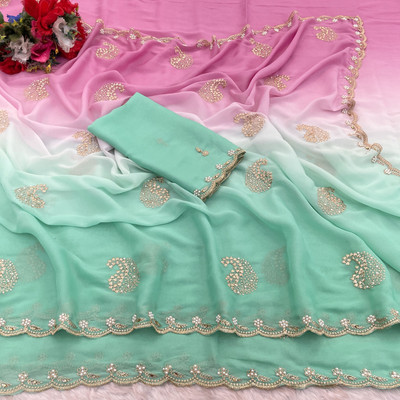 Ethina Fashion Embroidered Bollywood Georgette Saree(Light Green)