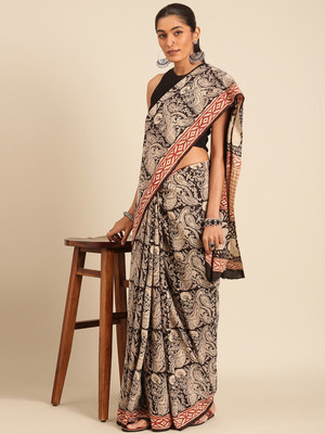 Taavi Blocked Printed Banarasi Cotton Blend Saree(Black, Beige)