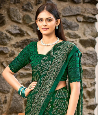 Sanskriti Synthetics Floral Print Handloom Chiffon Saree(Dark Green)