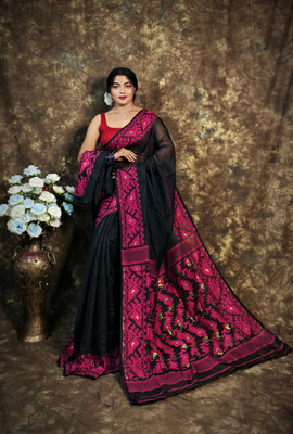 Pasum's Hand Painted, Self Design Jamdani Pure Cotton Saree(Black)