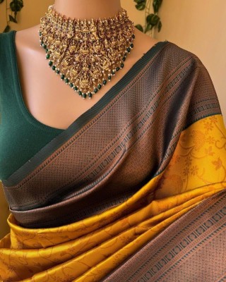 Orus Self Design, Embellished, Woven Bollywood Pure Silk, Jacquard Saree(Mustard, Green)