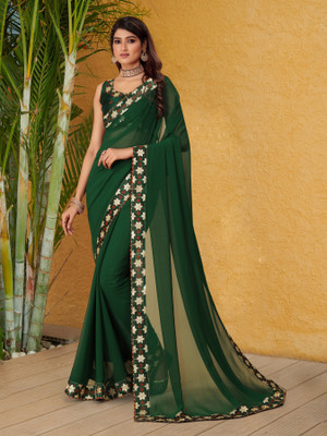 NAKSHCRETION Solid/Plain Bollywood Georgette Saree(Green)