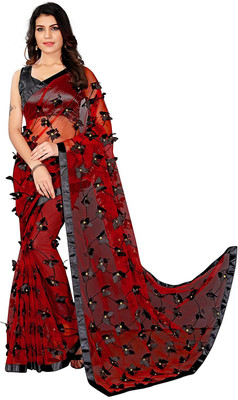BRAHMIFASHION Embroidered Daily Wear Net Saree(Red)