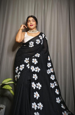 SARADA HANDLOOM Solid/Plain Daily Wear Pure Cotton Saree(Black)