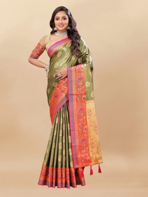 VISVASTA Self Design, Woven, Printed, Temple Border, Striped Paithani Jacquard, Cotton Silk Saree(Multicolor)