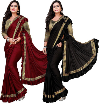 DECOFIN Woven, Solid/Plain Bollywood Lycra Blend Saree(Pack of 2, Red, Black)