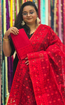 Tuntun debnath Self Design Jamdani Cotton Blend Saree(Red)