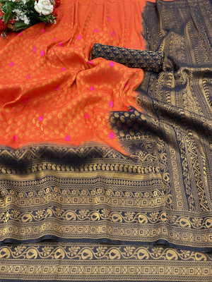 SSP TEX Woven Kanjivaram Silk Blend Saree(Dark Blue, Orange)