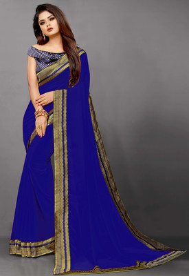 Georgette Saree Solid/Plain Bollywood Georgette, Chiffon Saree(Dark Blue)