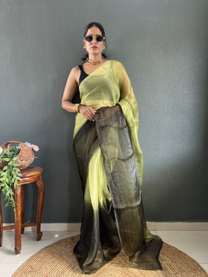 PANZORA Solid/Plain, Ombre Maheshwari Nylon Saree(Green, Black)