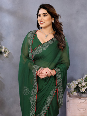 Sareeve Embellished, Embroidered, Dyed Bollywood Georgette, Chiffon Saree(Green)