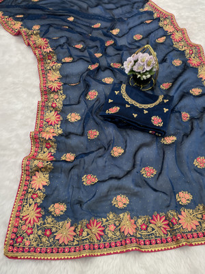 Mikhushop Embroidered Bollywood Jimmy choo Saree(Dark Green)