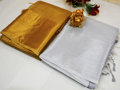 Kalika Fashion Woven, Self Design Banarasi Tissue Saree(Pack of 2, Gold, Silver)