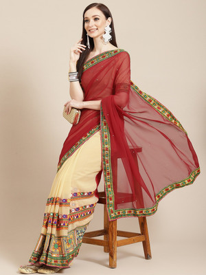 Divastri Embellished, Solid/Plain Bollywood Georgette Saree(Maroon, Beige)