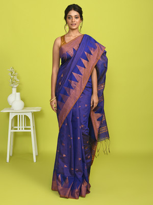 Indethnic Woven Jamdani Cotton Blend Saree(Blue)