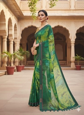 DUDHANE TRADING CORPORATION Geometric Print, Printed, Floral Print Bollywood Silk Blend Saree(Green)
