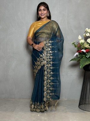 TIRTH CREATION Embroidered Bollywood Supernet Saree(Dark Blue)