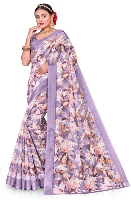 Aelisco Digital Print Bollywood Cotton Linen Saree(Purple)