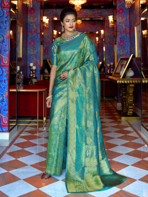 odette Woven Saree with Attached Blouse Silk Blend Saree(Green)